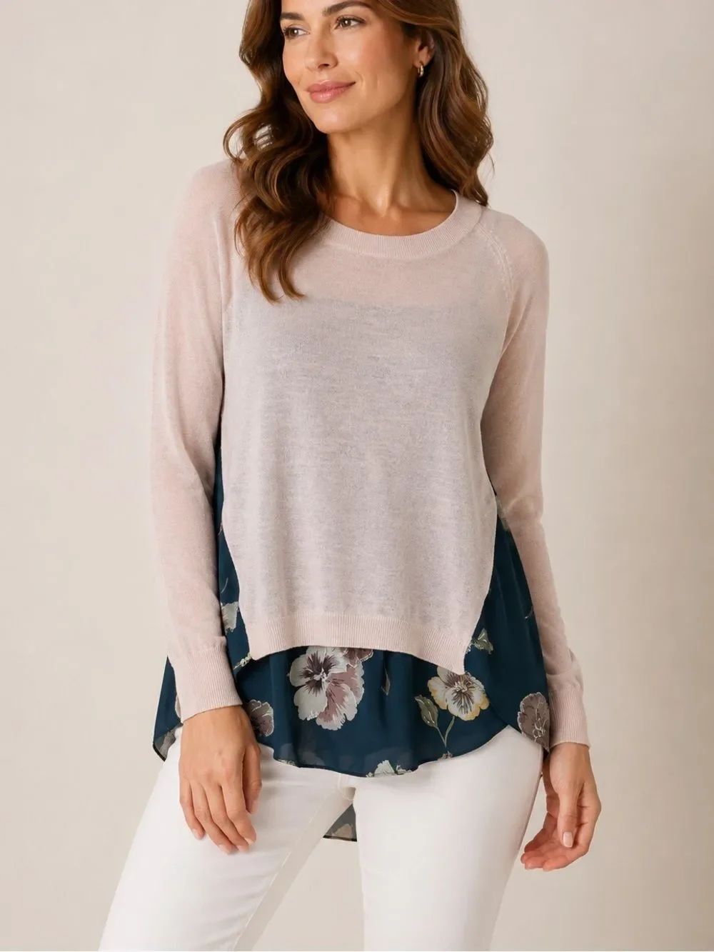 Moth Anthropologie Wool Blend Pink Sweater With Silk Floral Panels Size S